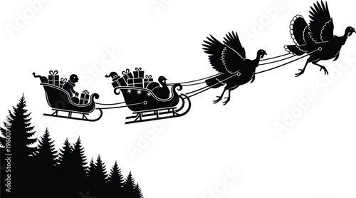 Black silhouette of turkeys pulling sleigh with presents through pine trees