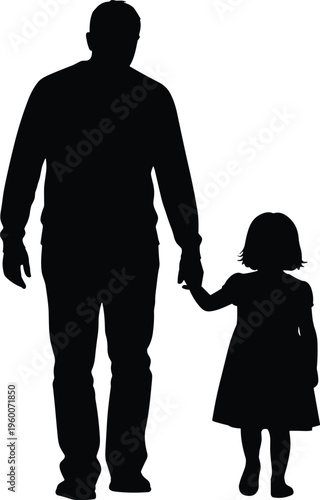 Black silhouette of man holding hand of little girl in dress child