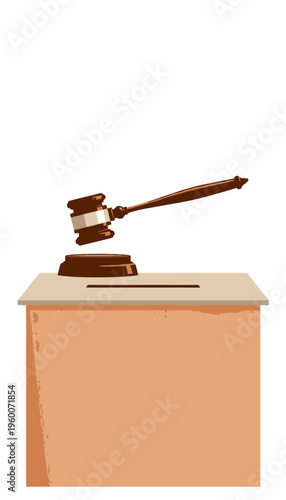 Illustration of Wooden Gavel Resting on Block with Slot, Representing Justice or Auction Decision Making Process