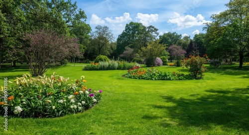 Bright summer park with blooming flowers and lush green grass under clear sky