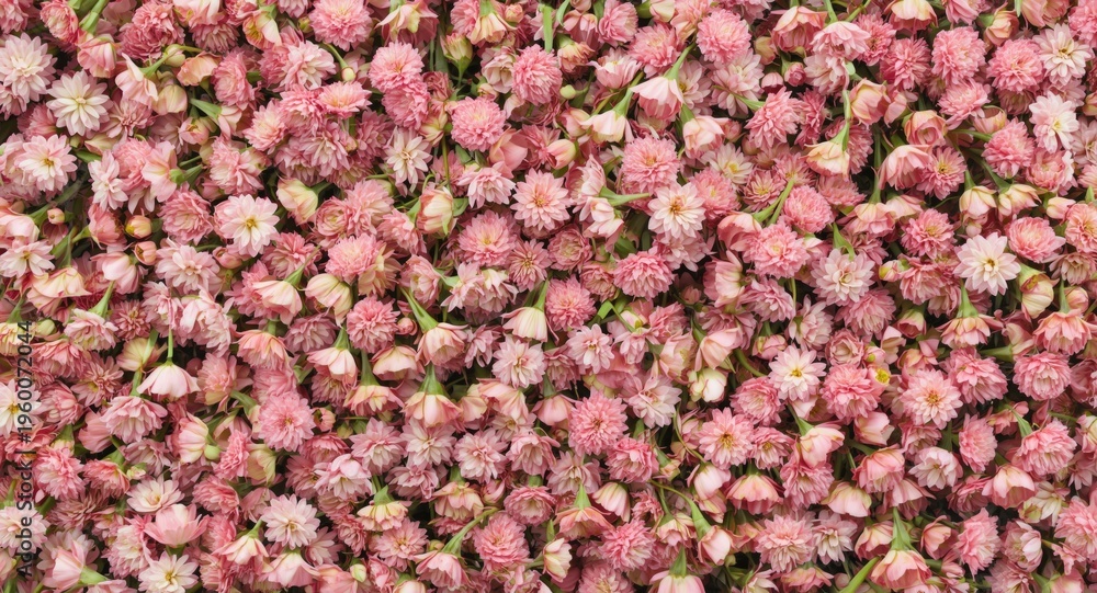 Fototapeta premium Love occasion flower wall showing clusters of pink flowers with green stems including copy space