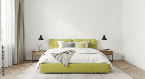Chic bedroom with a lime green bed and subtle white wall tones