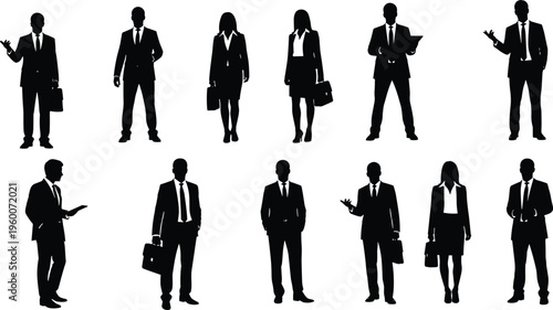 Black silhouettes of business people standing in various poses white background 1