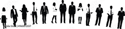 Black silhouettes of business people standing in various poses white background