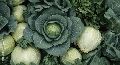 Fresh green leafy vegetables surrounding multiple cabbage kinds viewed from the top