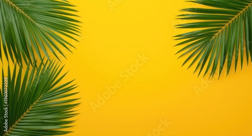 Lush tropical palm leaves with vibrant yellow backdrop showcasing summer vibes