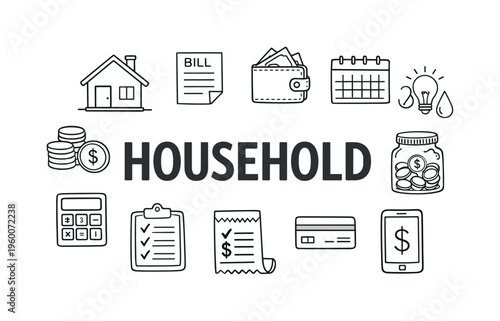 Home budgeting and household expense control concept centered on managing monthly costs, tracking bills, and maintaining financial stability in everyday family life. HOUSEHOLD