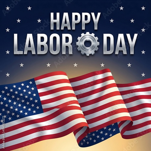 Happy Labor Day celebration with American flag and industrial gear design