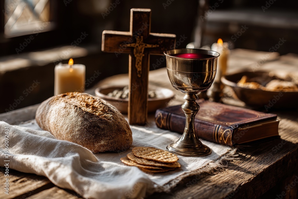 Fototapeta premium Sacred communion table setting with bread, wine chalice, candles, and devotional text