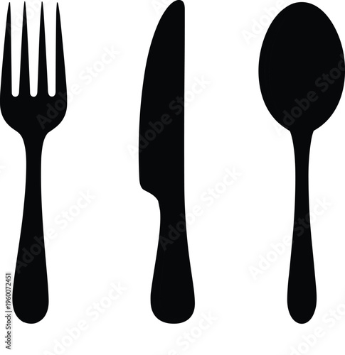 Black silhouettes of fork knife and spoon on white background utensils tableware