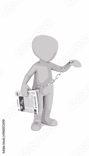 Abstract representation of a figure chained to a newspaper, symbolizing the concept of media dependency and information overload in modern society.