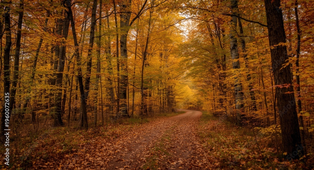 Fototapeta premium Forest walking path lined with trees in brilliant autumn colors