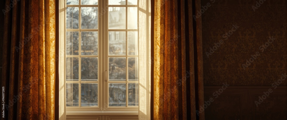Fototapeta premium Elegant textile panels framing a sunlit window with cozy and refined decor appeal