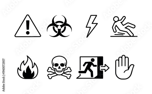 Safety warning signs: danger triangle, biohazard symbol, electric hazard, slippery floor sign, fire alert flame, toxic sign, emergency exit, stop hand