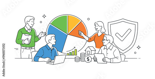 A investment diversification and risk management scene showing financial advisors and clients planning portfolios together around a large pie chart and a simple shield symbol