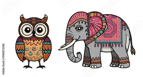 Playful cartoon owl and elephant adorned with ethnic motif art