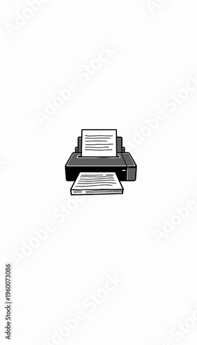 Illustration of a Home Office Printer in Action with Sheets of Paper Emerging from the Output Tray Against Minimalist White Background