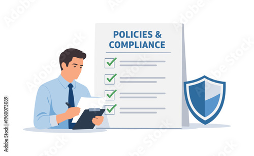 A corporate compliance and policy adherence scene showing a diligent professional reviewing guidelines beside a large checklist document and a simple shield badge element