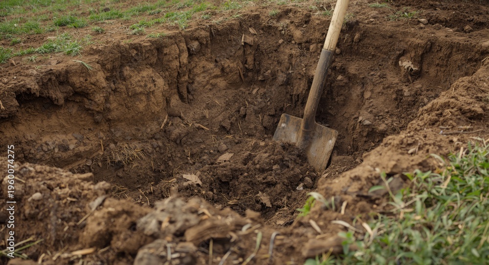 Fototapeta premium Shovel operated excavation revealing substantial soil clumps on farmland