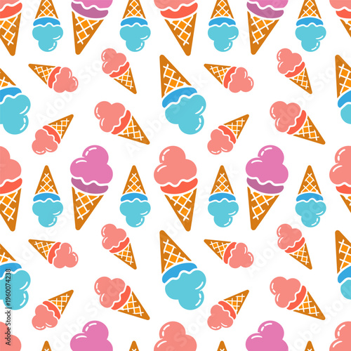 Vector seamless pattern with ice cream cones. A colorful repeating design with fruit and vanilla flavors on a white background. Suitable for textiles or kitchen decor.