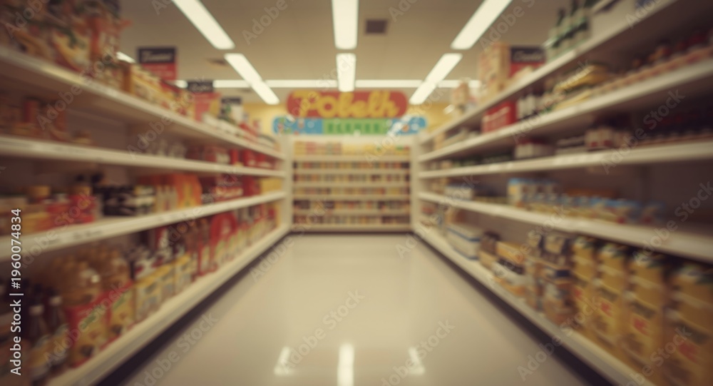 Fototapeta premium 3D portrayal of a blurred empty aisle with multiple shelves in a minimarket using a warm vintage overlay