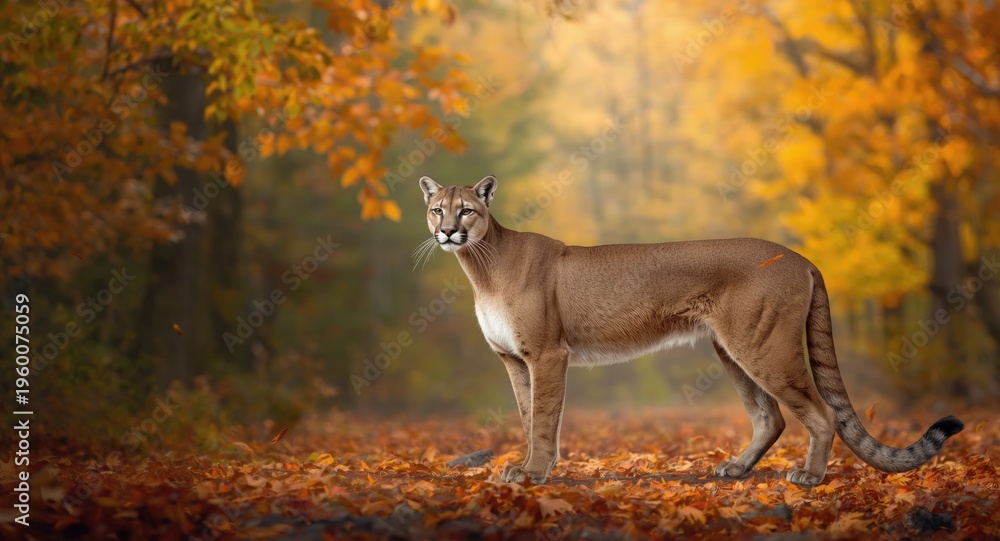 Obraz premium Elegant cougar in full length view on crisp autumn day celebrating wild habitat