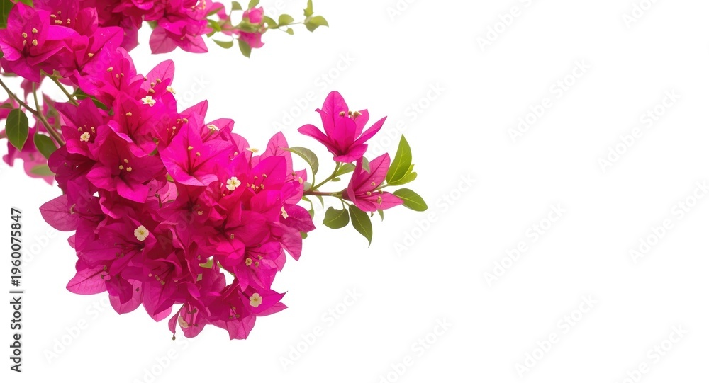 Fototapeta premium Fresh pink bougainvillea floral clusters set against a bright white backdrop