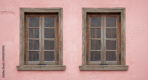 Rough textured rustic windows in wood alongside pastel pink surface