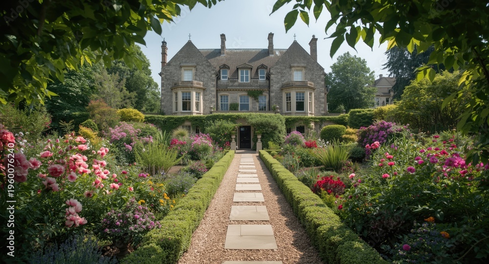 Obraz premium Beautiful estate framed by a lively garden of flowers tailored for alfresco events