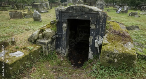Crypt opening in an ancient graveyard with mossy stones