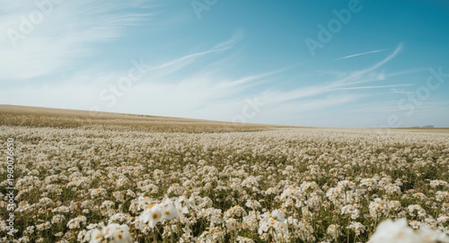 Expansive white flower field under bright sky