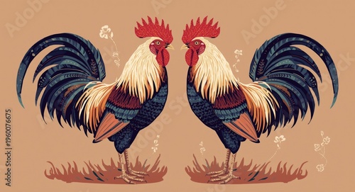 Illustrated duo of vivid roosters crafted with artificial intelligence