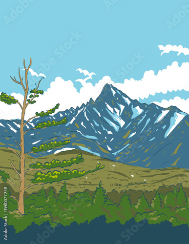 WPA style ukiyo-e or ukiyo illustration of Mount Rishiri in Rishiri-Rebun-Sarobetsu National Park Hokkaido, Japan done in retro works project administration style.