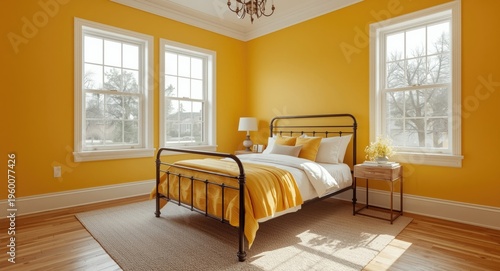 Radiating yellow bedroom setup including a metal bed frame and spacious windows