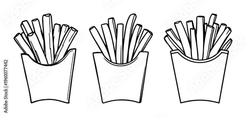 French fries set with simple line art icon of golden crisp sticks featuring fry, potato, snack with cuisine and fast food