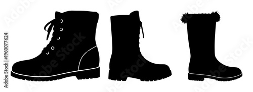 Boots set with winter silhouette design featuring footwear, outerwear, cold season with sleek black lines and minimalist outline