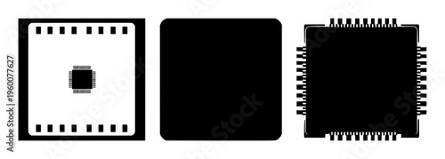 Chipset processor set with a single black silhouette of a CPU chip featuring electronics, circuits, technology with vector illustration and graphic design