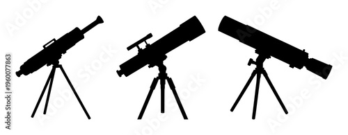 Telescope stargazing silhouette set with a single telescope silhouette against a star-filled night sky featuring night, stars, telescope with silhouette and astronomy