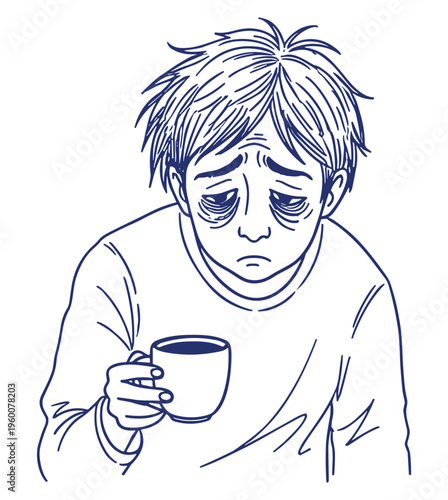 Sad boy drinking from cup line art illustration — emotional moment, lifestyle design