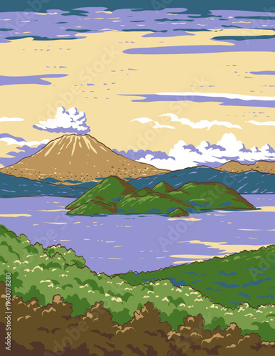 WPA style ukiyo-e or ukiyo illustration of Mount Usu and Lake Toya, a volcanic caldera lake in Shikotsu-Toya National Park, Abuta District, Hokkaido, Japan in retro works project administration style.
