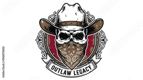 Illustration of a skull wearing a cowboy hat and bandana with outlaw legacy emblem