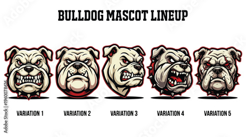 Bulldog mascot lineup with five different angry facial expressions