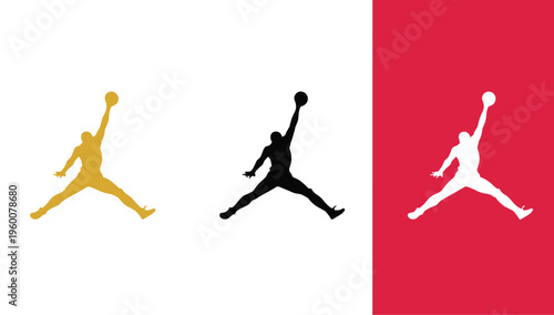Three colored silhouettes of a basketball player jumping to dunk a ball in yellow, black, and white on colored backgrounds