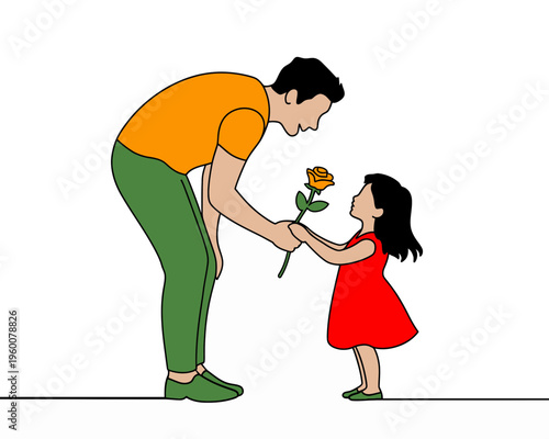 A man giving a yellow rose to a little girl in a red dress