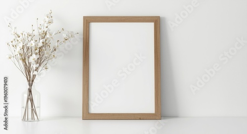 Mockup of a wooden portrait frame showcasing artwork with white interior walls and dry gypsophila decor
