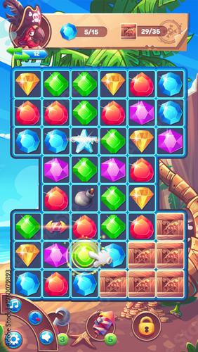 Vector pirate game background with cute crab, ship and tropical beach. Cartoon mobile app interface with gold coins, treasure chest, map and menu buttons for casual gaming and adventure quest.