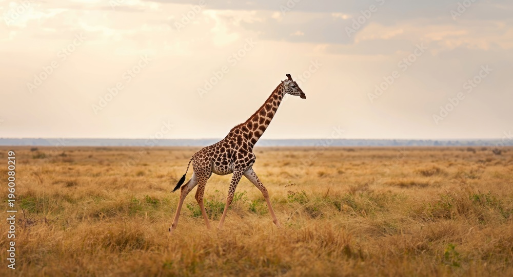 Fototapeta premium Full body view of a giraffe walking across an African plain