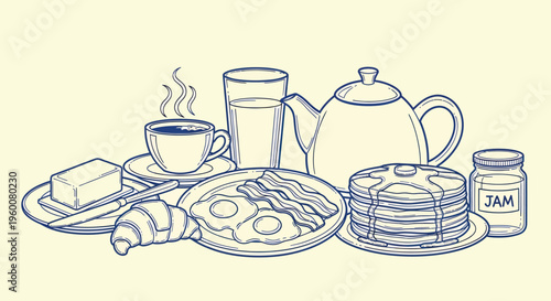 Breakfast food illustration with pancakes eggs coffee croissant and jam