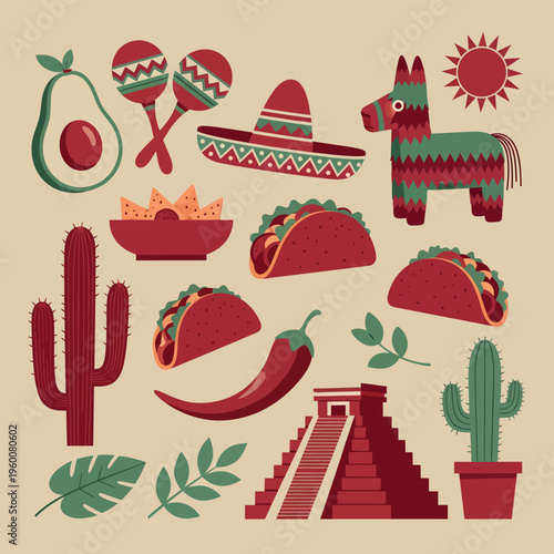 food and fiesta doodle set with taco cactus sombrero and pinata