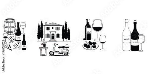Black and white Italian themed icons with wine barrel villa and scooter Keywords: italian, wine, barrel, bottle, glass, cheese